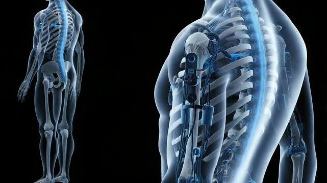 X-ray side view of human rib cage showing lungs and skeletal anatomy in blue tones