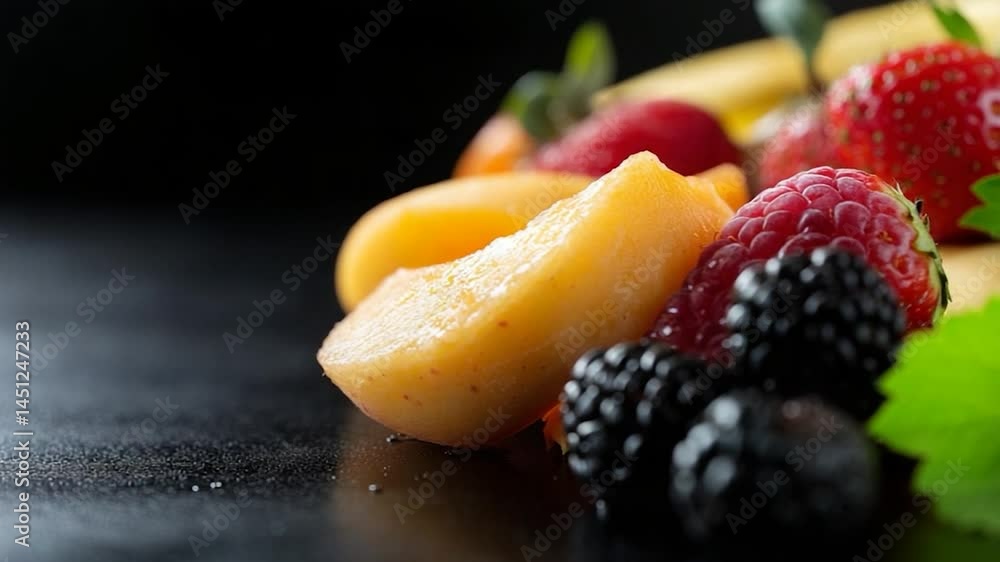 Poster close-up of assorted fresh fruits. features apricot slices, strawberries, blackberries and raspberri