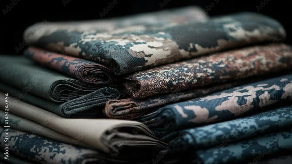 Aufkleber Close-up shot of a stack of folded fabric in various camouflage patterns featuring muted colors with dark background and subtle details