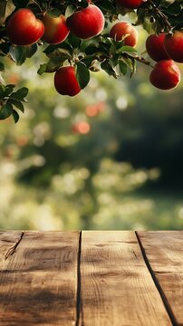 Wooden table in an apple orchard on a sunny summer day