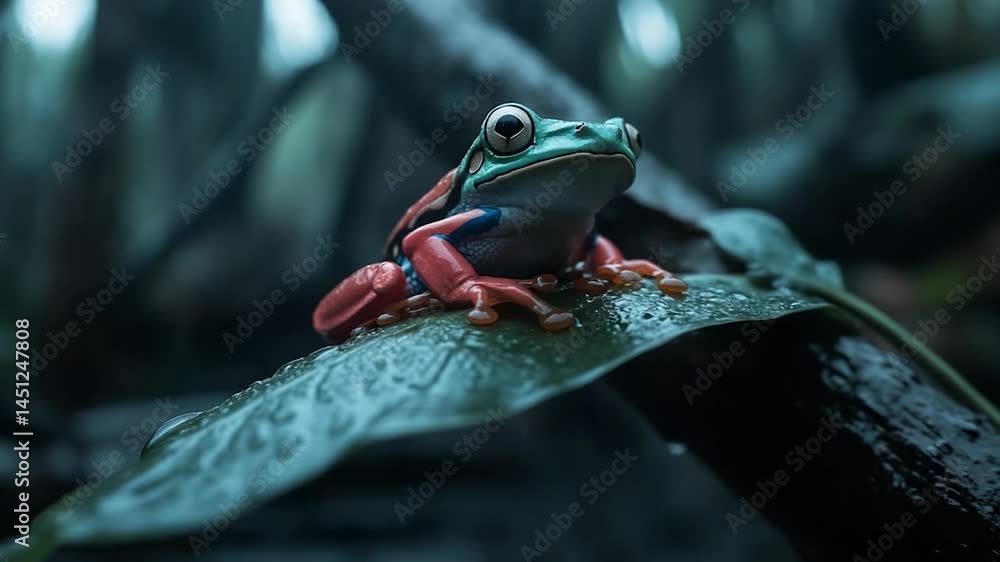 Poster a vibrant red and blue amphibian perched on a green leaf in a dark forest setting. focus on the amph