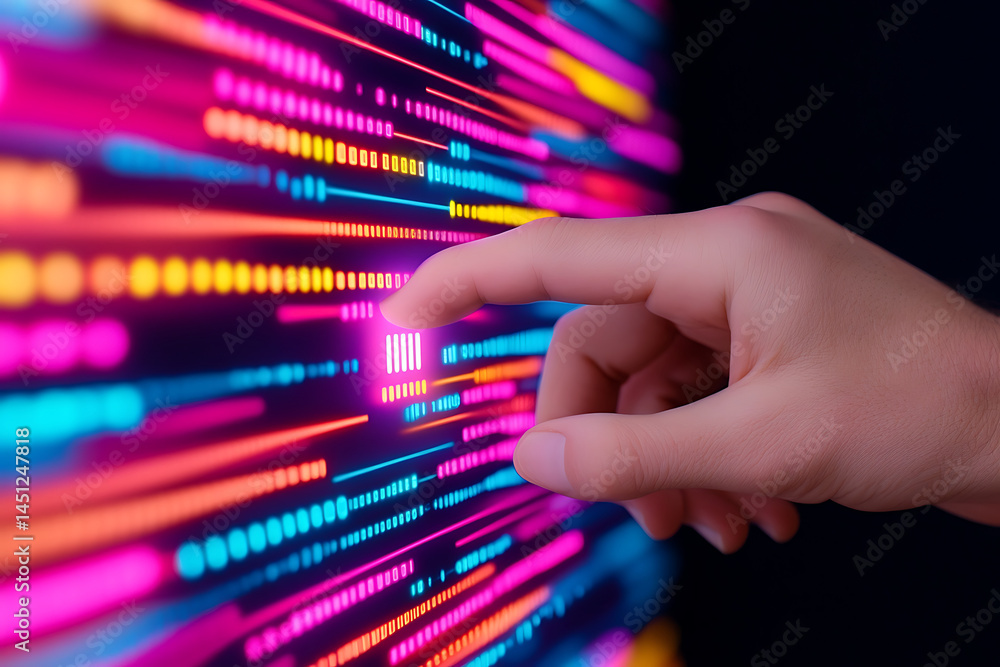 Poster interactive hand touching vibrant digital display with colorful data patterns in futuristic environm
