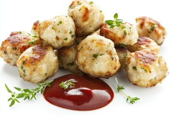 Fototapeta premium Delicious golden-brown meatballs garnished with herbs, served with ketchup on a white plate
