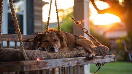 Fototapeta na wymiar A dog is sleeping on a porch swing with ropes and a cushion during a golden sunset in the background