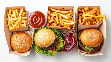 Delicious fast food meal featuring burgers crispy fries and rich sauce for tasty indulgence