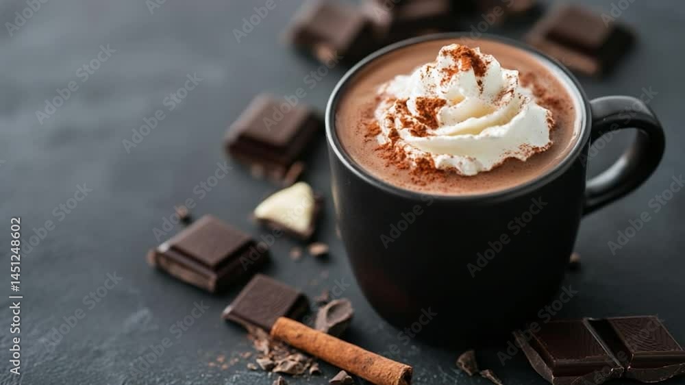 Poster close up shot of a mug filled with hot chocolate topped with whipped cream and cocoa powder. chocola