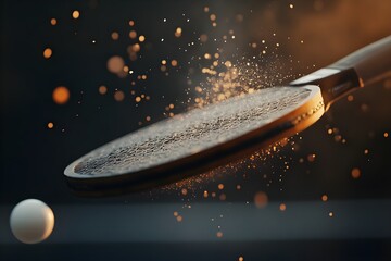 Close-up of the racket touching the ping pong ball in a tense moment of a fast and focused match