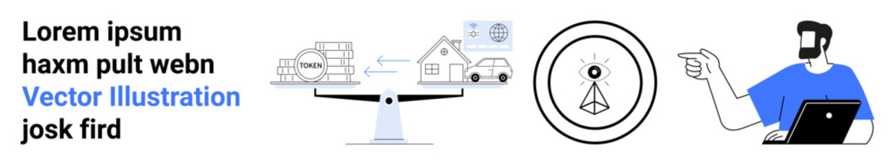 Scales balancing transportation and property, surrounded by technology, wireless communication, and a man pointing with a laptop. Ideal for logistics, technology, innovation, real estate, digital