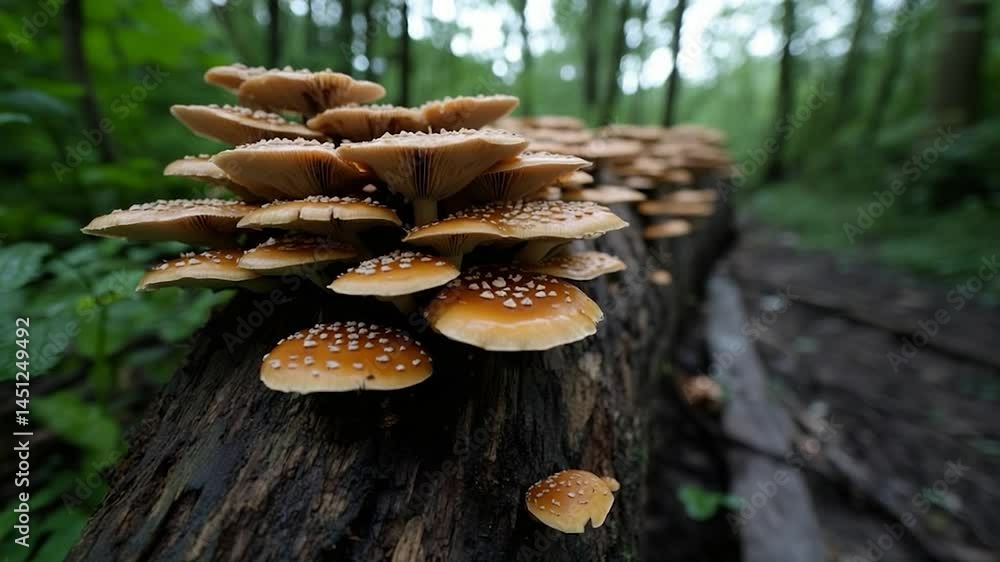 Poster close-up of mushrooms growing on a fallen log in a forest setting with detailed textures and vibrant