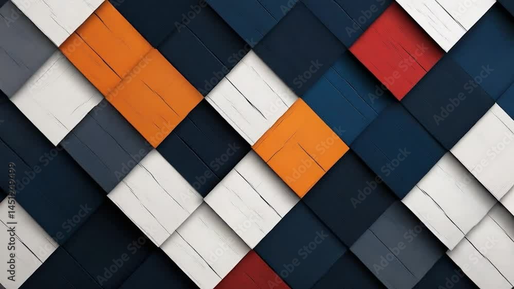 Aufkleber Abstract geometric pattern with wooden texture featuring colorful squares in various shades like blue red orange and white creating a visually appealing background