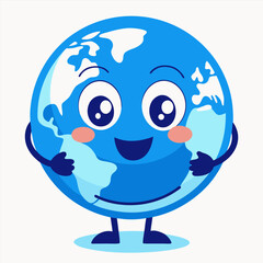 Obraz premium Vector illustration in flat linear minimal hand drawn simple style and logo design template, ecology concept, funny friendly planet earth mascot 