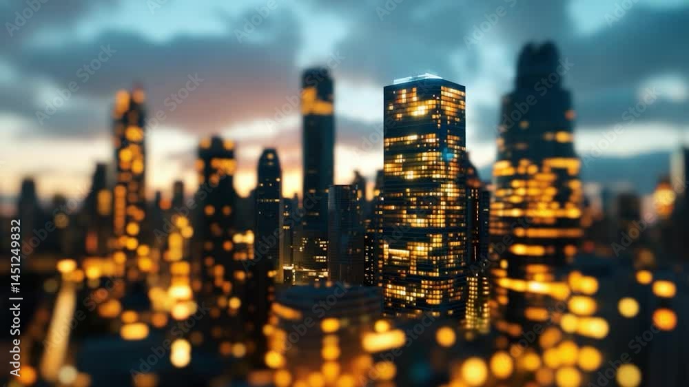 Poster aerial view of a modern city skyline at dusk with illuminated buildings and a blurred background. ye