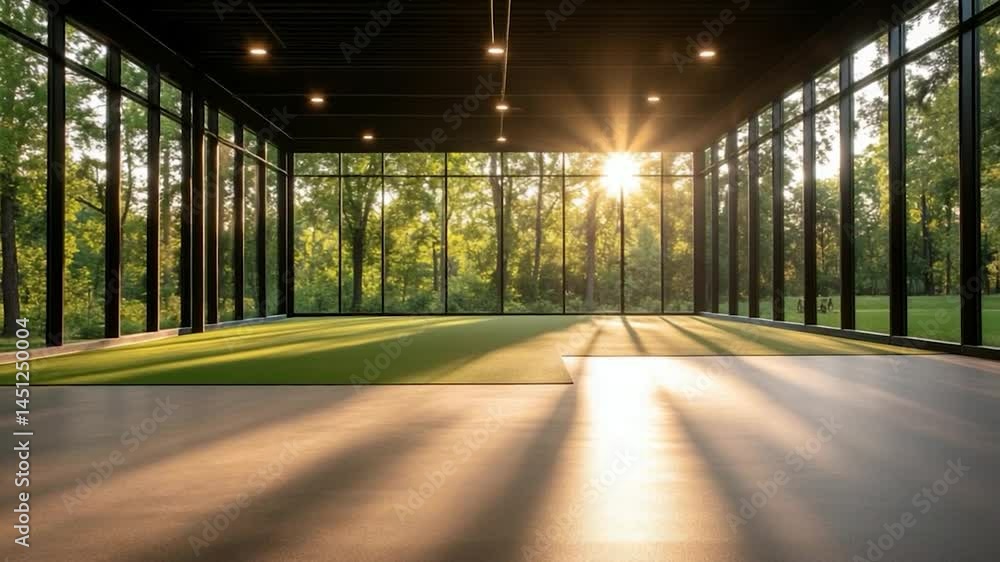 Fototapete an empty room with floor-to-ceiling windows, offering a view of lush green trees and the sun. the in