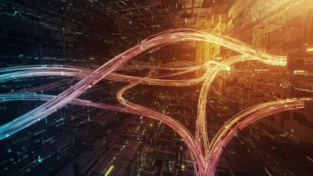 Glowing orange tech lines over a dark background depicting a futuristic data network