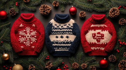 Vibrant flat lay of festive decorations for National Ugly Christmas Sweater Day