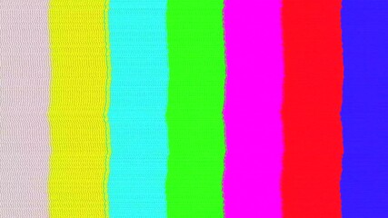 Retro style colored television bars scrolling on screen with distortions and glitch effects
