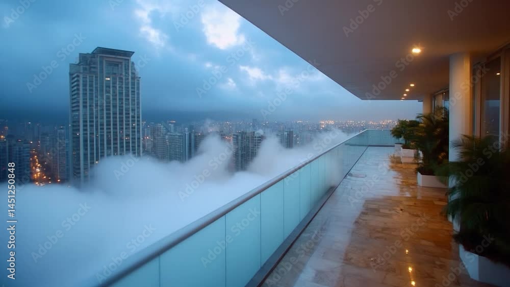 Poster high angle view of a city with fog covering the buildings seen from a balcony with plants along the 