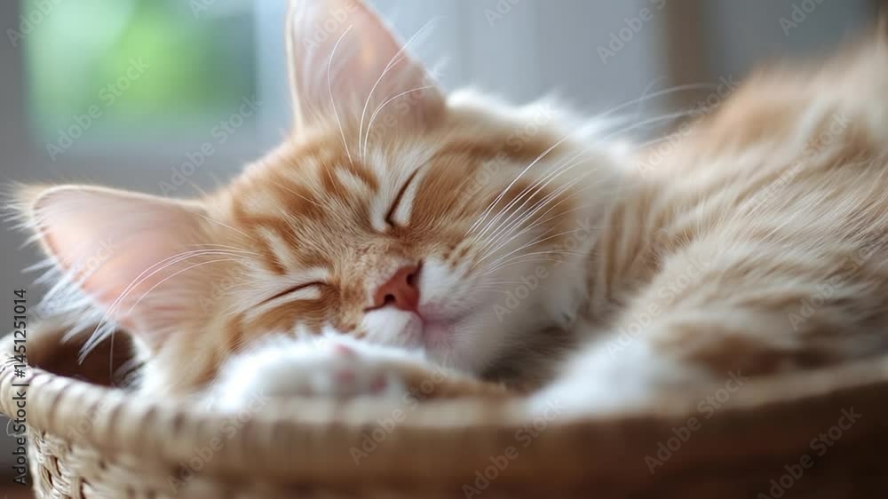 Poster a kitten sleeps peacefully in a woven basket basking in soft natural light. its eyes are closed and 