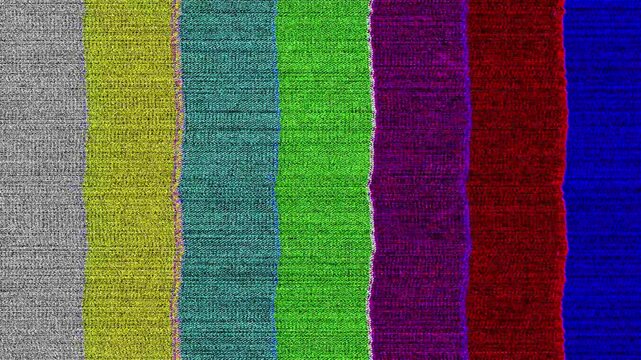 Retro style colored television bars scrolling on screen with distortions and glitch effects