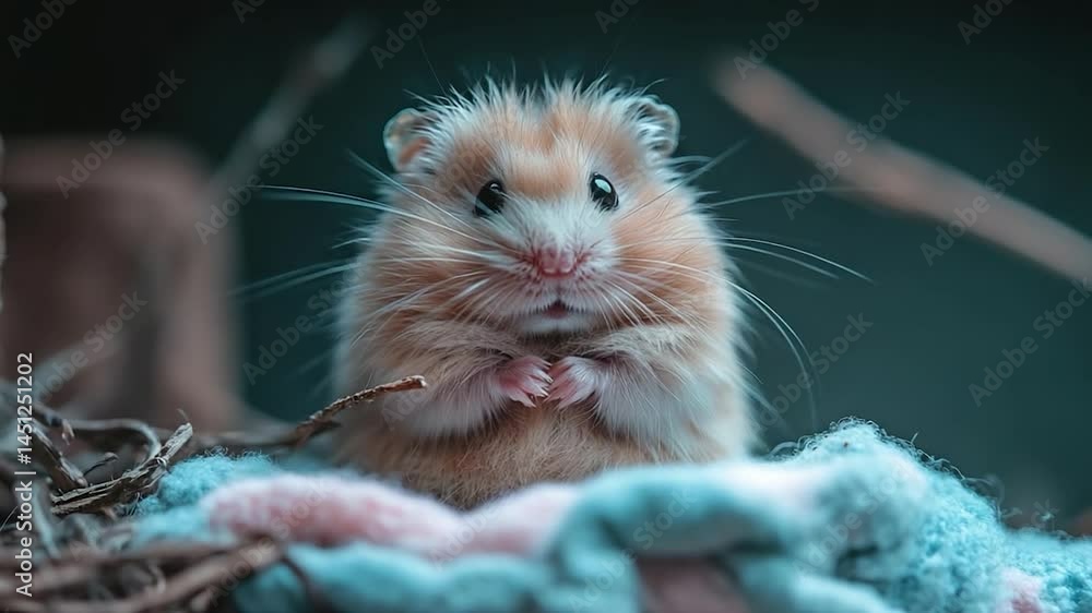 Poster adorable hamster with light brown fur rests on a blanket. its tiny paws are together in a cute pose 