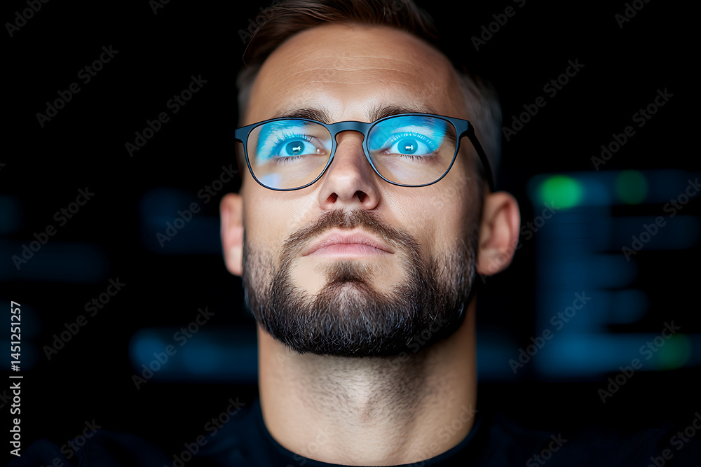 Poster man with glasses focused intently on computer monitors in a dimly lit workspace during evening hours
