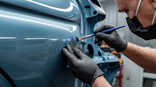 Close Up Worker in Gloves and Mask Performing Detailed Bodywork on Blue Car Automotive Manufacturing or Repair Process