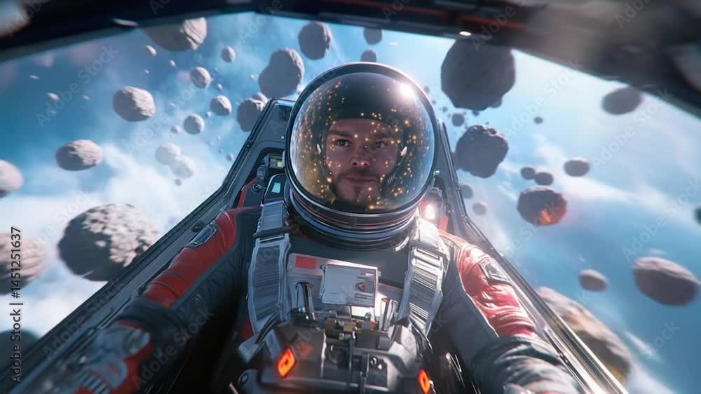 Poster A close-up view of a person in a space suit inside a spacecraft against a background of floating asteroids and a dynamic blue sky