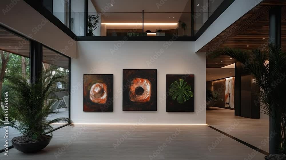 Aufkleber modern interior with three abstract paintings and plants in a minimalist setting. includes a spaciou