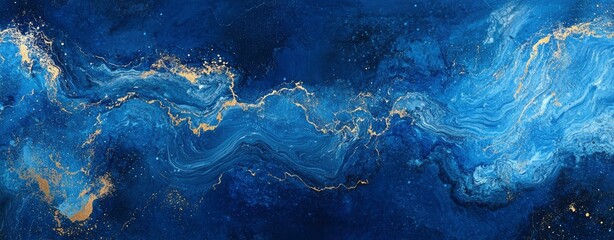 Serene Blue Abstract: Gold Accents in Fluid Marble Style