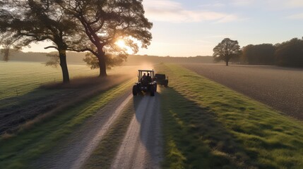 Tractors driving along a dusty country road at sunrise with trees in the background
