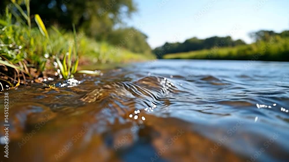 Poster close-up view of flowing river water with surrounding green foliage and trees under a clear blue sky