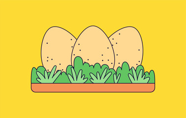 Three large potatoes nestled in a raised garden bed with vibrant green leaves hand drawn illustration vector for gardening, agriculture