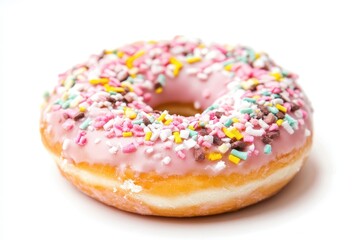 Delicious pink frosted donut with colorful sprinkles on a white background, perfect for dessert