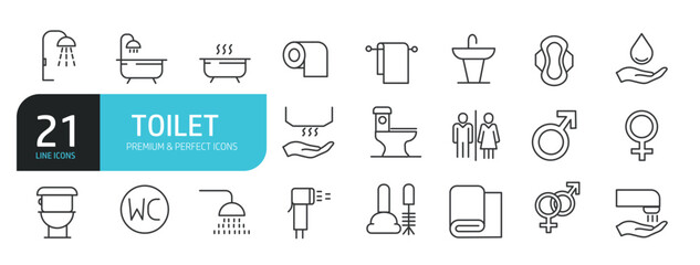Set of line icons related to toilet, bathroom. Outline icons collection. Editable stroke. Vector illustration.