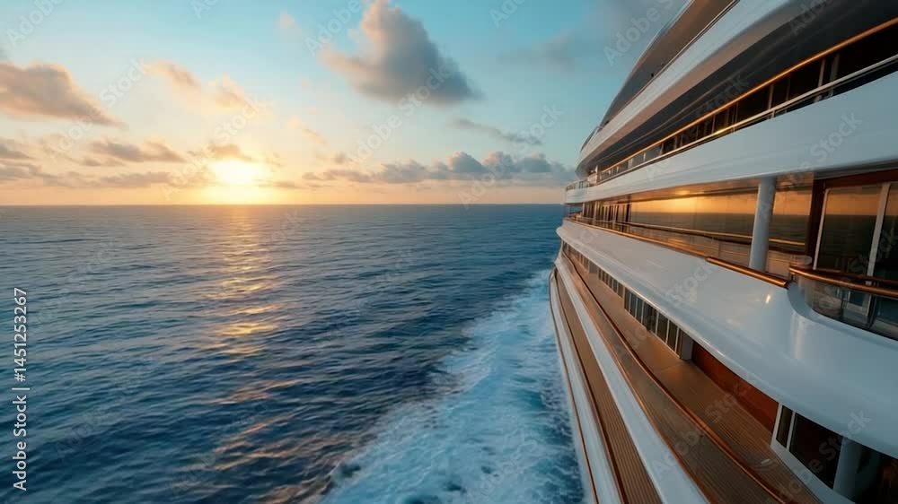 Poster generic ship sailing on tranquil blue ocean during sunset reflecting warm colors with white wake. sk