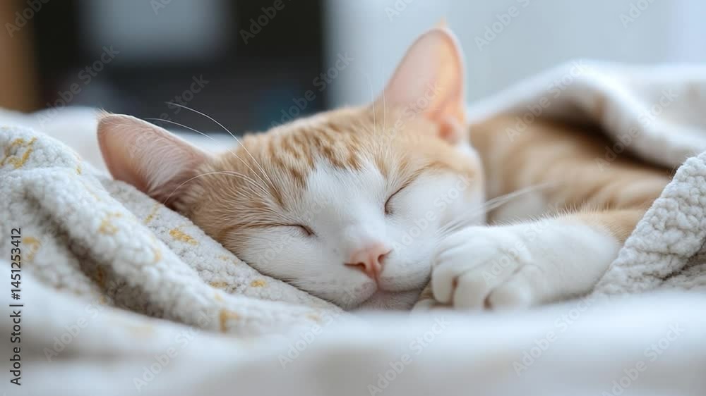 Poster close-up of a sleeping orange and white cat nestled in a soft blanket with eyes closed and peaceful 