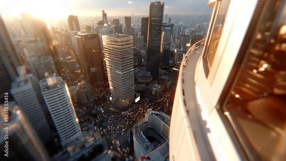 Poster aerial view of a bustling cityscape during golden hour. tall buildings and busy traffic create a dyn
