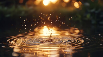 Golden Water Drop Splash at Sunset