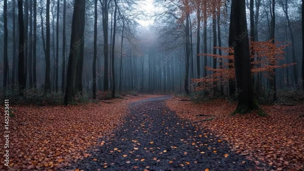 Aufkleber A winding pathway through a misty autumn forest floor covered in fallen leaves with tall bare trees and soft lighting creating an atmospheric scene