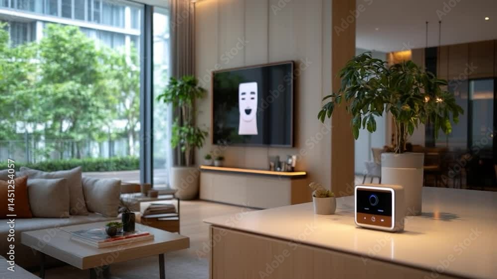 Poster Luxurious interior with modern decor featuring a smart home device on a countertop a screen displaying a face and lush greenery creating a tranquil atmosphere