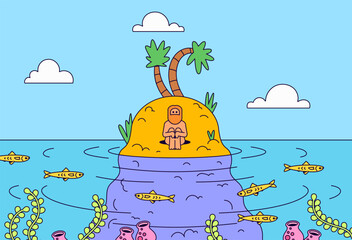 Person meditating on a small deserted island with palm trees, surrounded by ocean water, fish, and underwater plants hand drawn illustration vector © Walt
