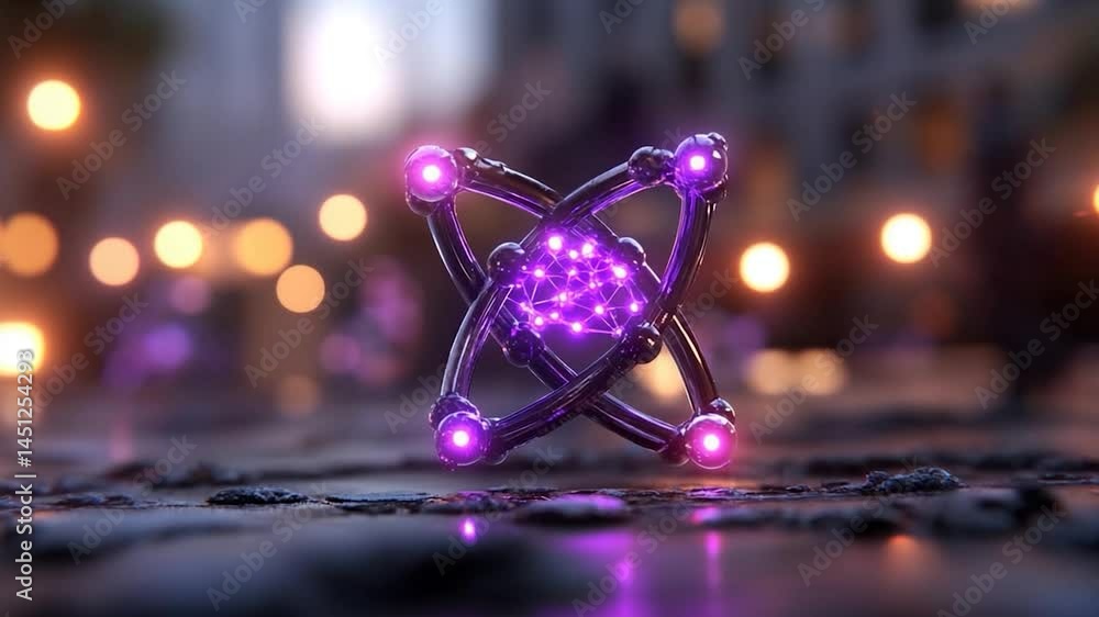 Fototapete Abstract 3D render of an interconnected structure with glowing nodes set against a blurred bokeh background and textured surface