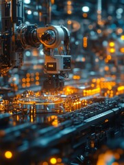 smart factory with robotic arms assembling precision components, metallic surfaces reflecting soft industrial lighting, advanced AI-controlled production line, ultra-sharp detail,
