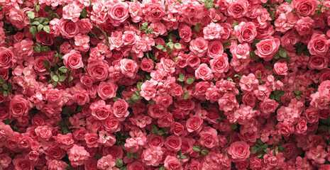 Fototapeta premium Vibrant wall of pink roses creates lush and romantic floral backdrop, perfect for celebrations or photography. dense arrangement of blooms and green leaves adds touch of elegance and beauty