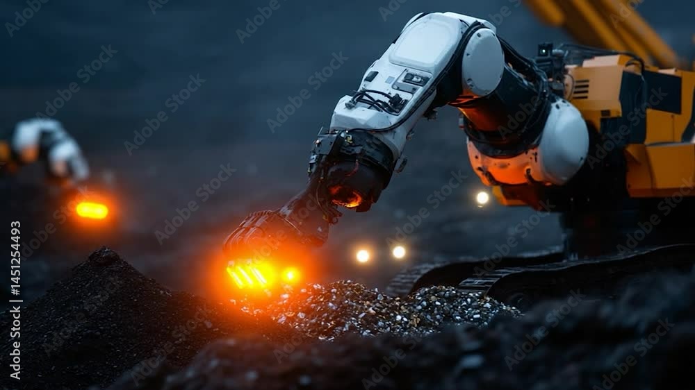 Aufkleber close-up of a robotic arm excavating a mineral deposit with glowing lights and a dark, industrial ba