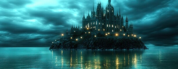 A castle on an island encircled by glowing green waters, its spire crowned with flickering lanterns Majestic island castle amidst luminous green waves, its tallest spire glowing with lantern light 