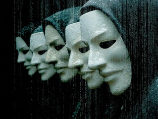 A row of people in hoods wearing expressionless white masks, standing in the rain, evoking a mysterious and anonymous atmosphere. SCAM cybercrime