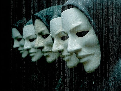 A row of people in hoods wearing expressionless white masks, standing in the rain, evoking a mysterious and anonymous atmosphere. SCAM cybercrime