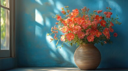Sunlit floral arrangement in bamboo vase against serene blue wall


