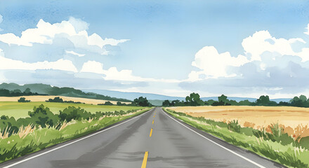 Fototapeta premium Serene Countryside Road with Lush Fields and Blue Sky Landscape